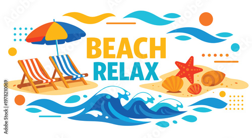 Serene beach relax illustration depicting two lounge chairs under a vibrant umbrella, with gentle waves rolling onto the sandy shore, adorned with various seashells and a starfish for a calm getaway.