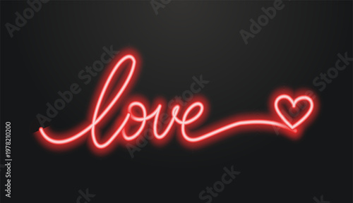 Neon love text and heart on dark background.