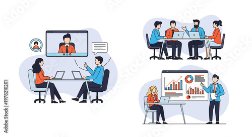 Modern business interactions including remote video calls, a face-to-face team meeting, and a data analysis presentation.