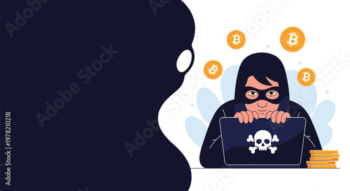 Cyber hacker wearing a mask and hoodie operates a laptop with a skull logo while stealing bitcoin cryptocurrency from a victim.
