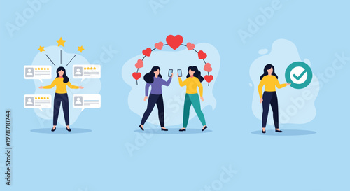 Diverse women managing online customer reviews and interacting via smartphones to demonstrate social media engagement and verification.