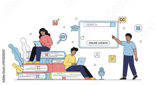 Diverse group of students engaging in online learning by sitting on giant books and searching for lessons on a digital interface screen.