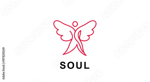 Minimalist angel logo, soul symbol, red line art, spiritual icon, vector graphic