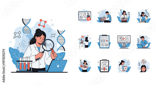 Group of scientists conducting intensive laboratory research using test tubes and microscopes to study complex DNA and molecular biology.