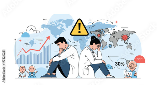 Exhausted medical professionals feeling stressed and overworked in front of a world map during a global health crisis or pandemic.