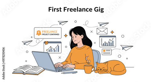 Dedicated freelance professional working on her first project from home with a laptop, books, coffee, and a sleeping cat for companionship.