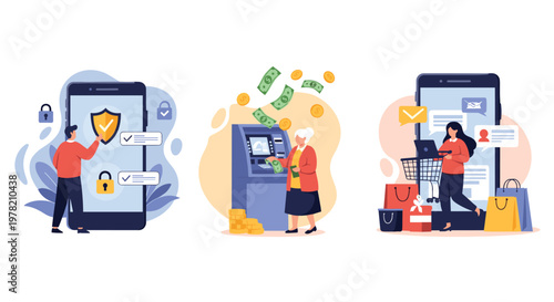 Secure mobile banking and digital shopping concepts featuring an elderly woman using an ATM and a lady purchasing goods via smartphone.