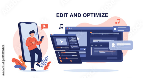 Creative content creator editing and optimizing video production on multiple screens including a smartphone and a desktop interface.