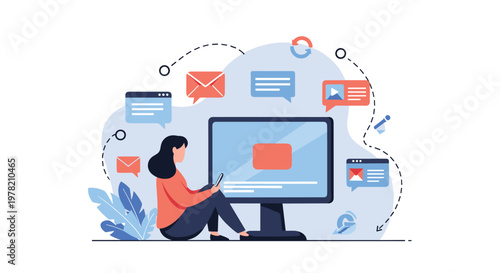 Focused woman sitting on the floor while using her phone and computer to manage multiple digital communication channels and workflows.