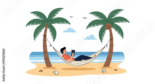 Person relaxing in a comfortable hammock between two palm trees on a tropical beach while reading a book during a peaceful vacation.
