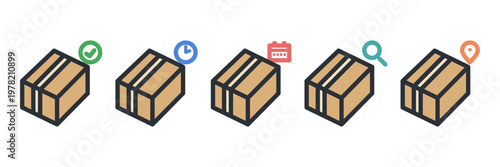 発送済み・発送準備中・入荷予定・追跡・配送先を表す配送箱アイコン5種セットのカラー素材