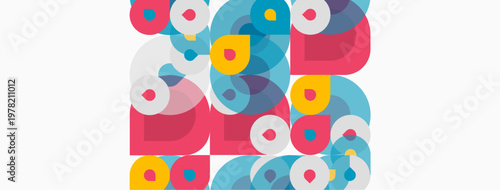 Abstract colorful shapes overlap, creating dynamic visual texture. Circles, squares, rectangles form playful composition. Bright hues dominate.