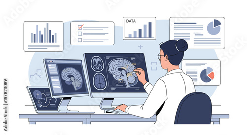 Medical scientist analyzing complex brain scan data on multiple computer monitors to study neurology and human cognitive functions.