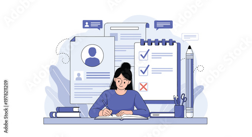 Diligent young student focusing on her studies at a desk surrounded by large educational icons like a checklist, resume, and giant pencil.