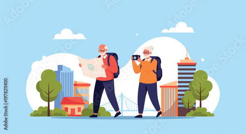 Active elderly couple enjoying their retirement by traveling and exploring a beautiful city while using a map and taking photos of landmarks.