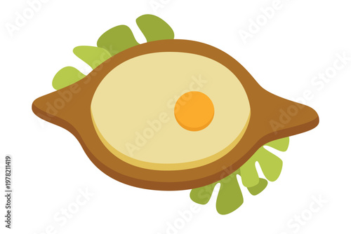 Flat vector illustration of Adjarian khachapuri, traditional Georgian cheese bread with egg and melted cheese. Clean minimal design, top view, isolated composition.