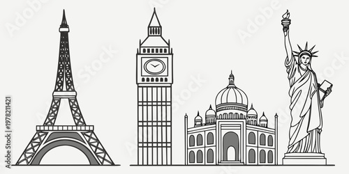 Famous landmarks silhouette line art: eiffel tower big ben taj mahal statue of liberty with travel destinations landmarks collection travel vector travel graphic trip planning