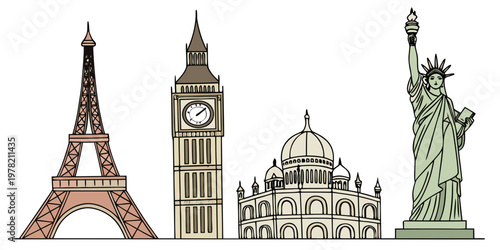 Colorful collection of famous world landmarks: eiffel tower big ben taj mahal statue of liberty with travel destination cultural heritage line art famous places travel inspiration