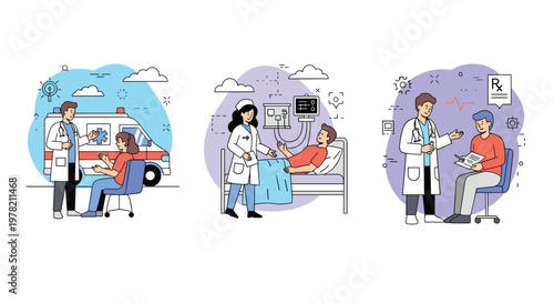 Comprehensive medical care illustrations showing a doctor by an ambulance, a nurse attending a patient in bed, and a clinical consultation.