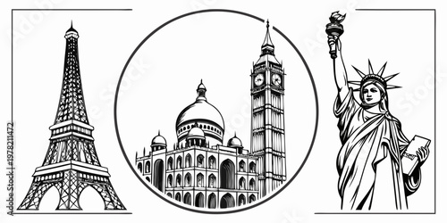 Iconic world landmarks collection: eiffel tower taj mahal big ben statue of liberty with black and white travel destination cultural heritage line art famous places travel inspirat