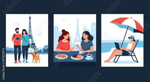 Diverse vacation experiences featuring sightseeing in Paris, enjoying a cafe visit, and working remotely from a sunny beach under an umbrella.
