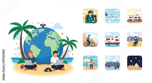Global digital nomad concept featuring people working on laptops by a globe with icons of travel, adventure, and remote work activities.