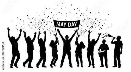 May Day celebration, people silhouettes, protest signs, confetti, black vector icons set