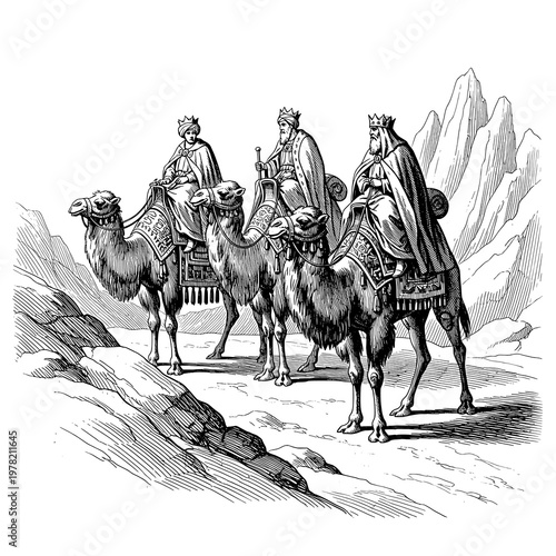 Historical Illustration of the Biblical Magi Journeying on Camels Through Arid Terrain