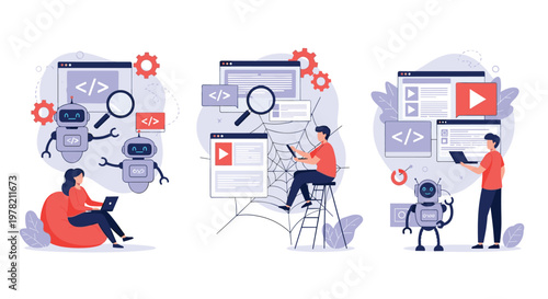 Technical illustrations showing human developers collaborating with robots for web coding, software debugging, and digital content creation.