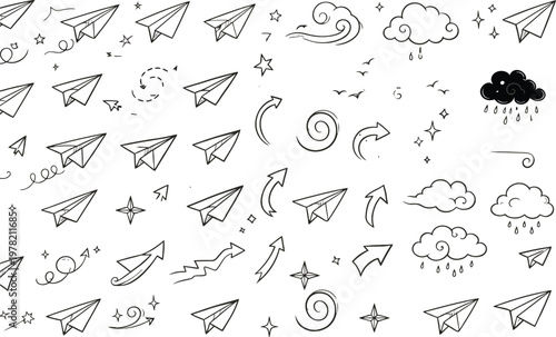 Collection of hand drawn paper airplanes and swirling doodle lines, clouds, rain,  wind swirls and stars. 