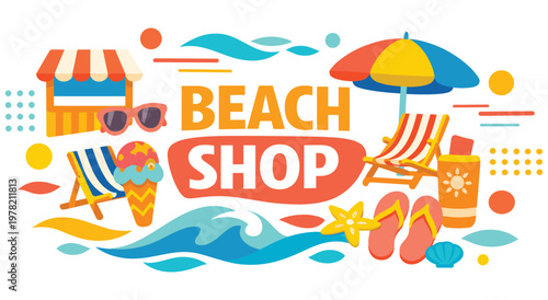 Flat vector illustration of a beach shop display with summer merchandise like sunglasses, hats, beach chairs and umbrella. Fun seaside scene with ice cream and ocean waves, perfect for vacation.