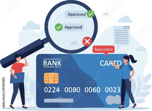 Professional financial analysts using a magnifying glass to check credit card security and detect potential fraudulent transaction activity