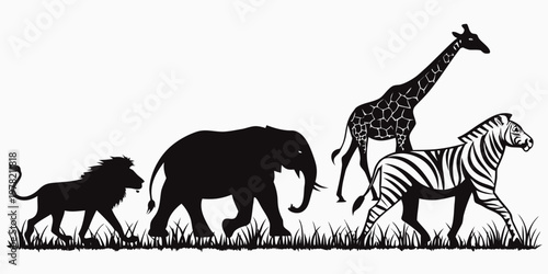 Silhouette of african safari animals walking in grass lion elephant giraffe zebra with safari park animal kingdom black and white line art silhouette elephant wildlife predator