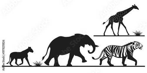 Silhouette of african safari animals walking on ground lioness elephant tiger giraffe with safari park animal kingdom black and white line art silhouette elephant wildlife