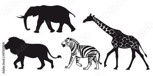 Group of african safari animals lion zebra elephant giraffe illustration with safari park animal kingdom black and white line art illustration elephant wildlife conservation
