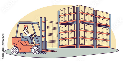 Line art illustration of a forklift operator driving a vehicle in a large warehouse filled with stacked cardboard boxes on tall industrial storage racks forklift warehouse industry