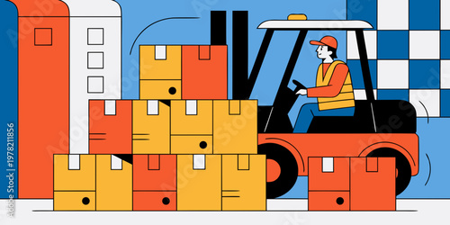 Colorful flat illustration of a warehouse worker driving a forklift to move a stack of orange and yellow cardboard boxes in a distribution center or shipping facility with forklift