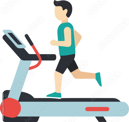 Young man running on a modern treadmill machine to improve his physical health and maintain daily fitness goals