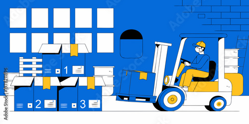 Forklift operator moving cardboard boxes in a warehouse flat vector illustration with forklift warehouse logistics shipping delivery industrial transportation distribution
