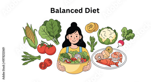 Smiling young woman holding a large bowl of fresh salad surrounded by a variety of healthy vegetables, seafood, and balanced diet components.