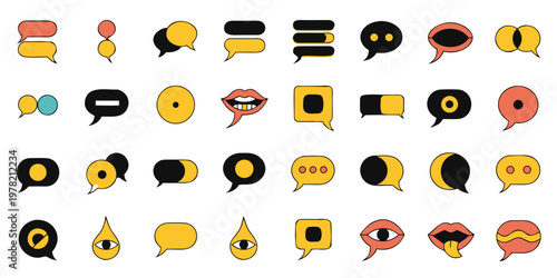 Collection of creative speech bubble icons and abstract communication symbols featuring eyes mouths and geometric shapes for digital messaging and social media UI design, communication