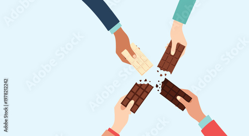 Four hands holding and sharing different varieties of chocolate bars including milk, dark, and white chocolate on a blue background.