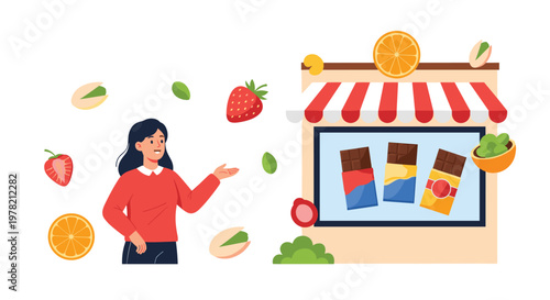 Woman presenting various gourmet chocolate bars and their natural fruit and nut ingredients like strawberries, oranges, and pistachios.