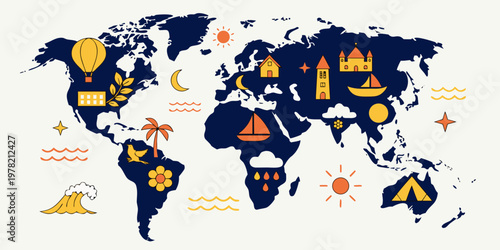 Minimalist dark blue world map illustration with diverse symbols of nature architecture and adventure including castle tent boat and tropical elements for global travel theme, adventure