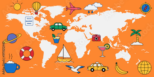 Flat style world map on orange background with travel icons like airplane car taxi and tropical elements for summer vacation and global tourism promotion airplane sailboat cocktail