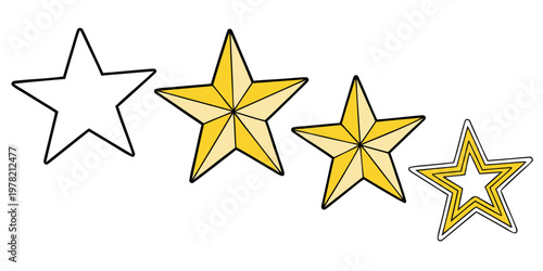 Set of four stylized yellow and outlined star icons representing rating quality and achievement on a white background with achievement feedback favorite customer excellent