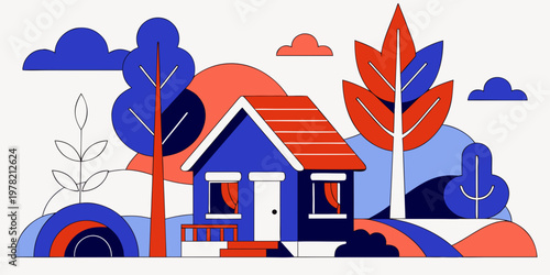 Abstract flat design house surrounded by stylized trees and hills with real estate landscape architecture building illustration abstract colorful exterior residential property