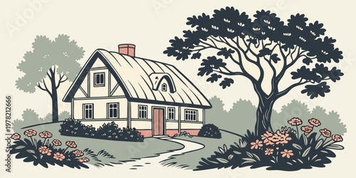 Vintage style hand drawn illustration of country cottage and garden with black white rural living home sweet home landscape architecture building exterior countryside artistic