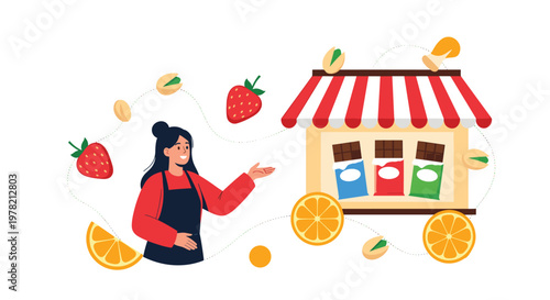 Proud chocolate shop owner presenting her collection of flavored bars featuring natural ingredients like strawberries, oranges, and nuts.