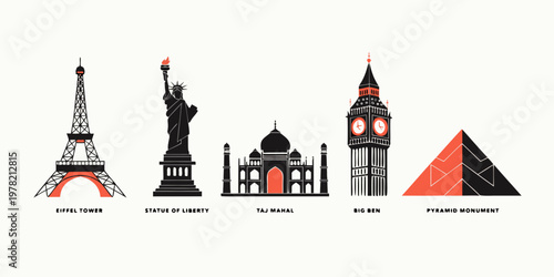 Set of black and orange minimalist graphic icons of famous global travel monuments with landmark monument architecture historical vacation sightseeing illustration heritage